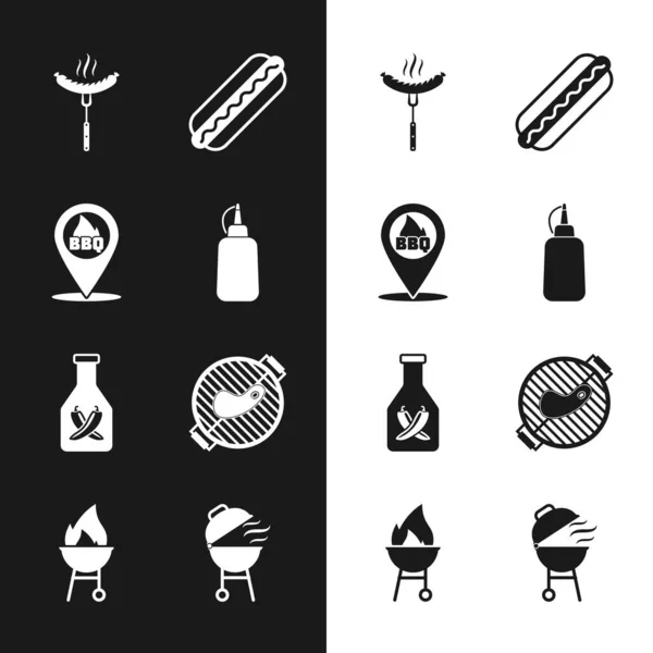 Set Mustard bottle, Location with barbecue, Sausage the fork, Hotdog sandwich, Ketchup, Barbecue grill steak, and icon. Vector — Stock vektor