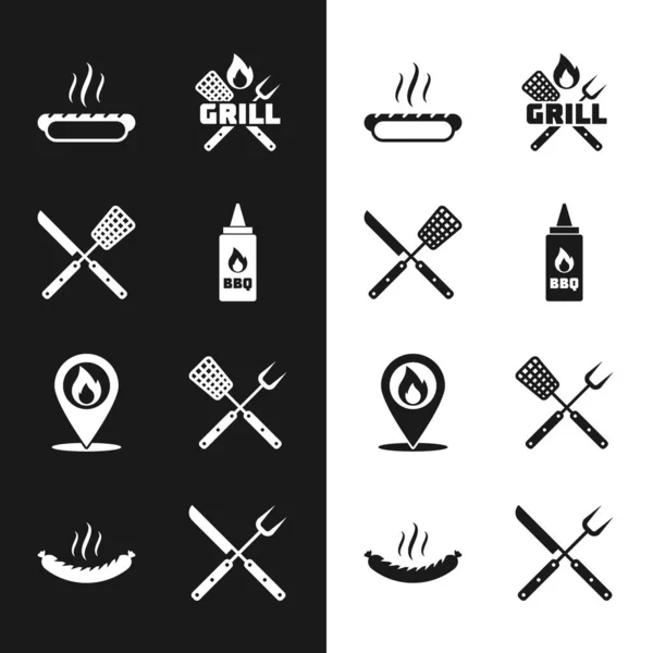 Set Ketchup bottle, Crossed knife and spatula, Hotdog sandwich, fork, Location with fire flame, and Sausage icon. Vector — Image vectorielle