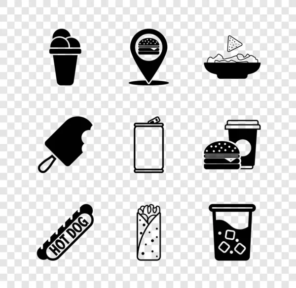 Set Ice cream, Location with burger, Nachos in plate, Hotdog sandwich, Burrito, Glass water, and Aluminum can icon. Vector — Stock Vector