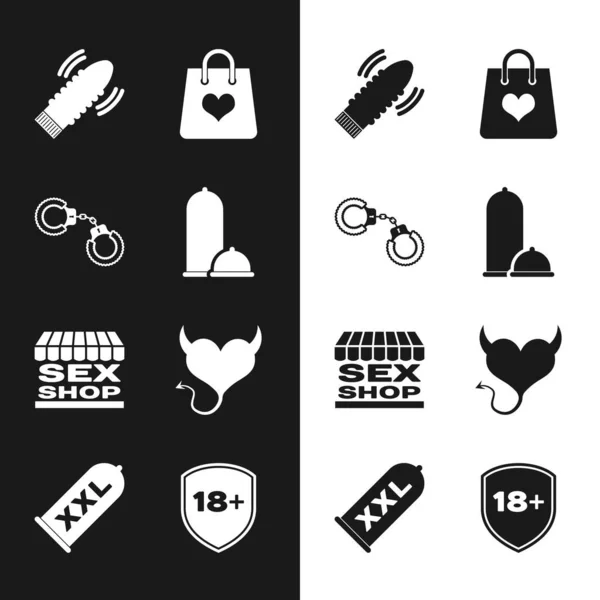 Set Condoms safe sex, Sexy fluffy handcuffs, Dildo vibrator for games, Shopping bag with heart, shop building, Devil horns, Shield 18 plus and icon. Vector — 스톡 벡터