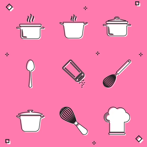 Yemek tenceresi, kaşık, tuz ve biber, mutfak çırpısı ve ikonu hazırla. Vektör — Stok Vektör