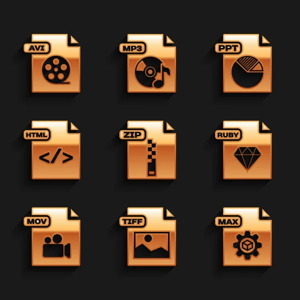 Set ZIP file document, TIFF, MAX, RUBY, MOV, HTML, PPT and AVI icon. Vector — Stockový vektor