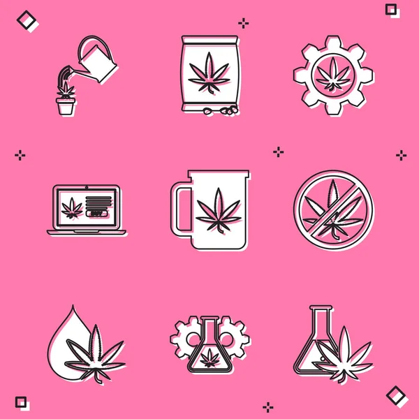 Set Watering can marijuana, Marijuana or cannabis seeds, Test tube with, Online buying, Cup tea, Stop, leaf oil and icon. Vector — Wektor stockowy