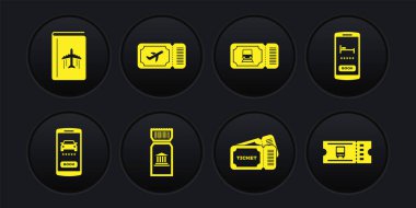 Çevrimiçi araba paylaşımı, otel rezervasyonu, müze bileti, bilet, tren, havayolu, otobüs ve seyahat rehberi ikonu. Vektör