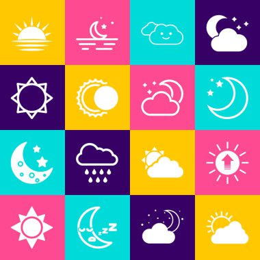 Güneş ve bulut havası, gün batımı, ay yıldızları, bulut, güneş tutulması ve ay ikonu. Vektör