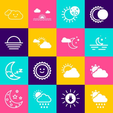 Yağmurlu ve güneşli bulutlar, güneş bulutlu hava, ay yıldızları, güneş tutulması, güneş batımı ve ay ikonu. Vektör