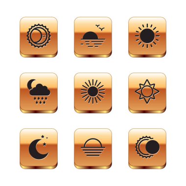 Güneş tutulması, ay ve yıldızlar, günbatımı, yağmur aylı bulut ve ikon. Vektör