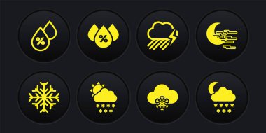 Kar Tanesi, Sis ve Ay 'ı, kar güneşli Bulut, şimşek ve su damlası ikonunu ayarla. Vektör