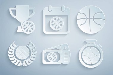 Basketbol maçı bileti, basketbolla ödül, Stopwatch, spor takvimi ve kupa ikonu. Vektör