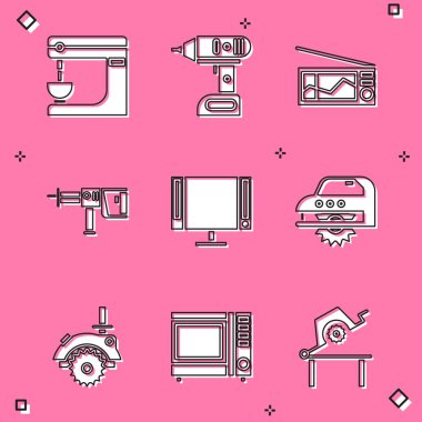 Elektrik karıştırıcı, kablosuz tornavida, radyo, döner çekiç matkabı akıllı televizyon ve dairesel testere ikonu. Vektör