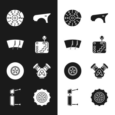 Vites değiştirici, ön ekran sileceği, araba fren diskini kalibre, çamurluk, motor, tekerlek ve kamyon yan ayna ikonu ile ayarla. Vektör