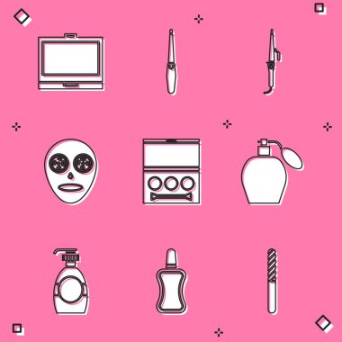 Makyaj tozunu ayna, tırnak törpüsü, saç maşası, yüz makyajı maskesi, göz farı paleti, parfüm, bir şişe sıvı sabun ve cila şişesi ikonu ile ayarla. Vektör