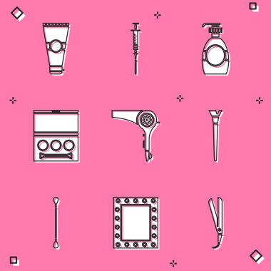 Losyon kozmetik tüpü, şırınga, bir şişe sıvı sabun, göz farı paleti, saç kurutma makinesi, makyaj fırçası, kulaklar için pamuk çubuğu ve ışık ikonlu ayna ayarlayın. Vektör