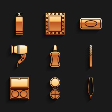 Tırnak cilası şişesi, aynalı makyaj tozu, cımbız, dosya, saç kurutma makinesi, sabun ve krem kozmetik tüp ikonu. Vektör