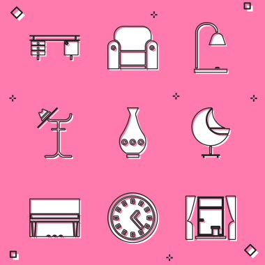 Ofis masası, Armchair, masa lambası, vestiyer, vazo, Grand piano ve saat simgesi. Vektör