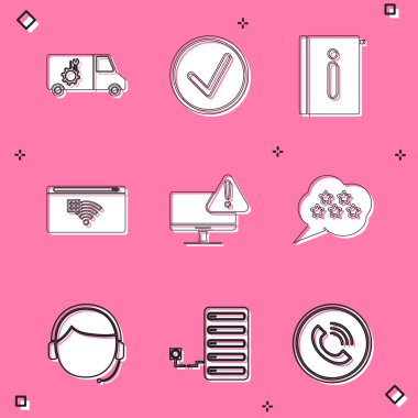 Araç servisini ayarla, daire işaretini işaretle, kullanıcı el kitabı, internet bağlantısı yok, ünlemli monitör, beş yıldızlı değerlendirme, erkek kulaklığı ve sunucu simgesi. Vektör