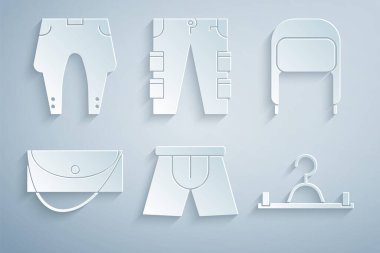 Set Men iç çamaşırı, kulaklıklı kış şapkası, debriyaj çantası, elbise dolabı, kargo ve pantolon ikonu. Vektör