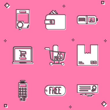 Sertifika şablonu, kağıt para nakit cüzdan, alışveriş arabası dizüstü bilgisayar ve yiyecek, karton kutu trafik sembolü, POS terminal kredi kartı ve Price etiketsiz metin simgesi. Vektör