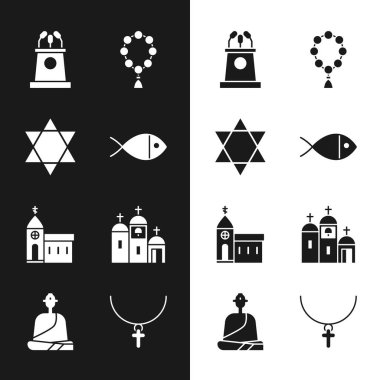 Set Hristiyan Balığı, Davut Yıldızı, Sahne Sahnesi veya Tribünü, Tespih dini, Kilise binası, çapraz zincir ve Budist keşiş ikonu. Vektör
