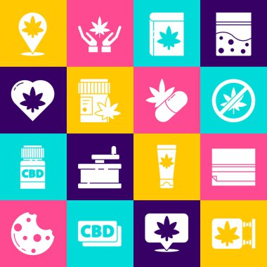 Marihuana ve kenevir dükkanını, rulo kağıdı marihuana yaprağını, kitabı, tıbbi şişeyi kalp, konum ve hap ikonuyla durdur. Vektör
