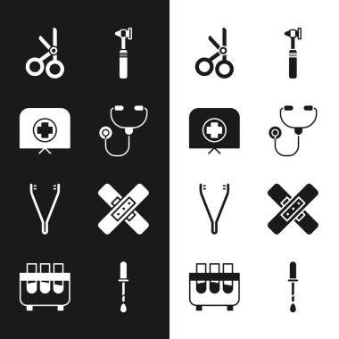 Stetoskop, haçlı hemşire şapkası, tıbbi makas, otoskop aleti, cımbız, çapraz bandaj sıvası, Pipette ve test tüpü ikonu. Vektör