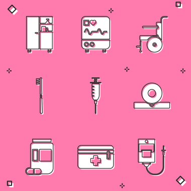 İlaç dolabını, kardiyogramlı monitörü engelliler için tekerlekli sandalyeyi, diş fırçasını, şırıngayı, Otolaryngological baş yansıtıcısını, şişeyi ve hapları ve ilk yardım çantasını ayarlayın. Vektör