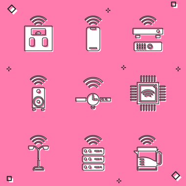 Akıllı banyo terazileri, kablosuz akıllı telefon, TV kutusu alıcısı, stereo hoparlör, Smartwatch, mikrodevreli işlemci, sokak lambası ve sunucu simgesi ayarla. Vektör
