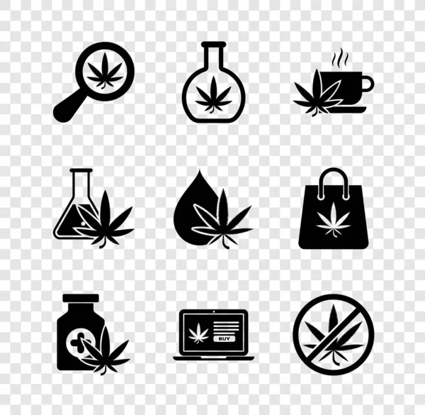 Büyüteç ve marihuana, test tüpü, çay, tıbbi şişe, online alış, dur ve esrar veya kenevir yaprağı ikonu. Vektör — Stok Vektör