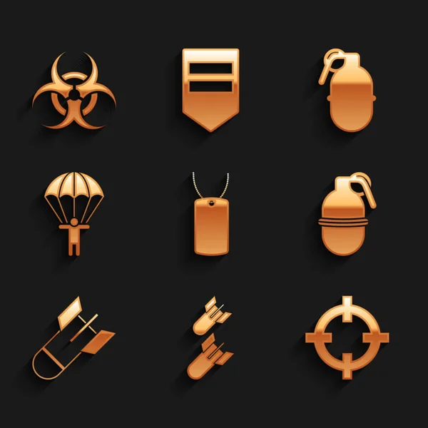 Set Military dog tag, Aviation bomb, Target sport, Hand grenade, Parachute, and Biohazard symbol icon. Vector — Stock vektor