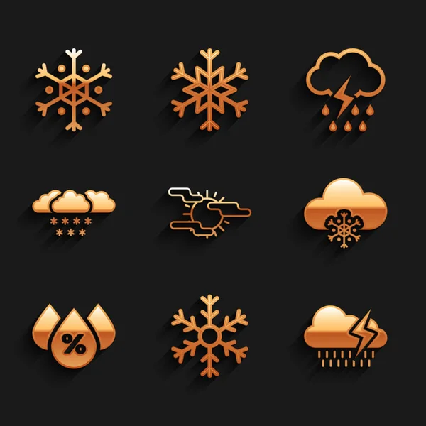 Установите туман и солнце, Снежный хлопок, с дождевой молнией, снегом, каплей воды и иконой. Вектор — стоковый вектор