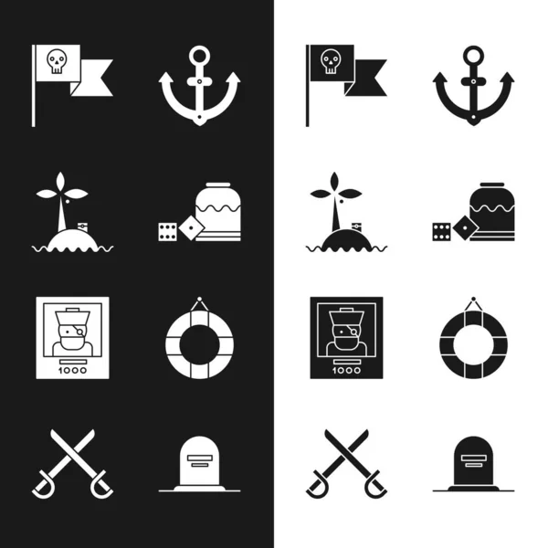 Набор Pirate game dice, остров в океане, флаг с черепом, Angel, Wanted Pirate, Lifebuoy, Tomorrow one RIP, написанная икона мечей. Вектор — стоковый вектор