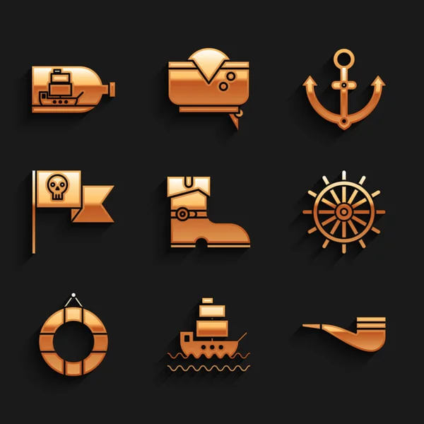 Set Leather pirate boots, Ship, Smoking pipe, steering wheel, Lifebuoy, Pirate flag with skull, Anchor and Bottle ship inside icon. Vector — Image vectorielle