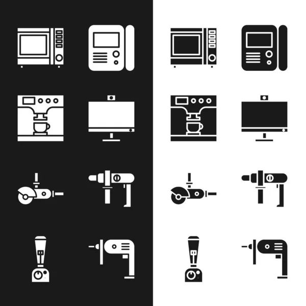 Set Computer monitor, Coffee machine and cup, Microwave oven, House intercom system, Angle grinder and Electric drill icon. Vector — Image vectorielle