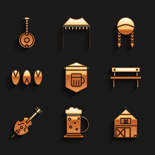 Set Signboard with glass of beer, Wooden mug, Farm House, Bench, Violin, Pistachio nuts, Braid and Banjo icon. Vector — Stock vektor
