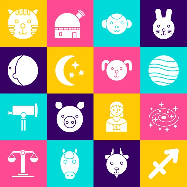 Set Sagittarius zodiac, Milky way spiral galaxy, Planet Jupiter, Monkey, Moon and stars, Eclipse of the sun, Tiger and Dog icon. Vector — Stockvector