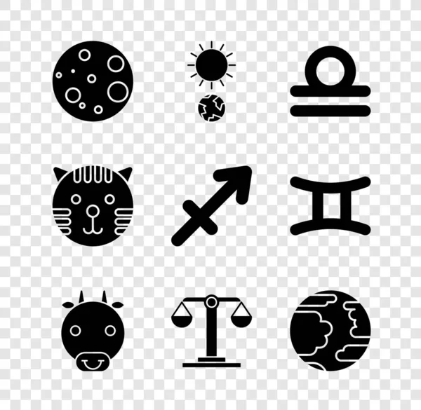 Set Moon, Solstice, Libra zodiac, Ox, Planet Mercury, Tiger and Sagittarius icon. Vector —  Vetores de Stock