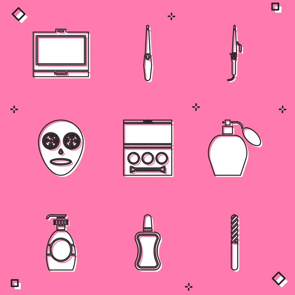 Set Makeup powder with mirror, Nail file, Curling iron, Facial cosmetic mask, Eye shadow palette, Perfume, Bottle of liquid soap and polish bottle icon. Vector — Image vectorielle