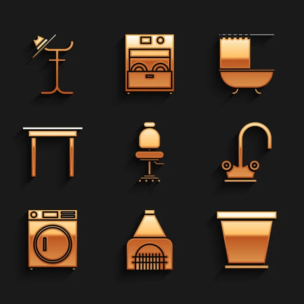 Set Office chair, Interior fireplace, Flower pot, Water tap, Washer, Wooden table, Bathtub with shower curtain and Coat stand icon. Vector — Stock vektor