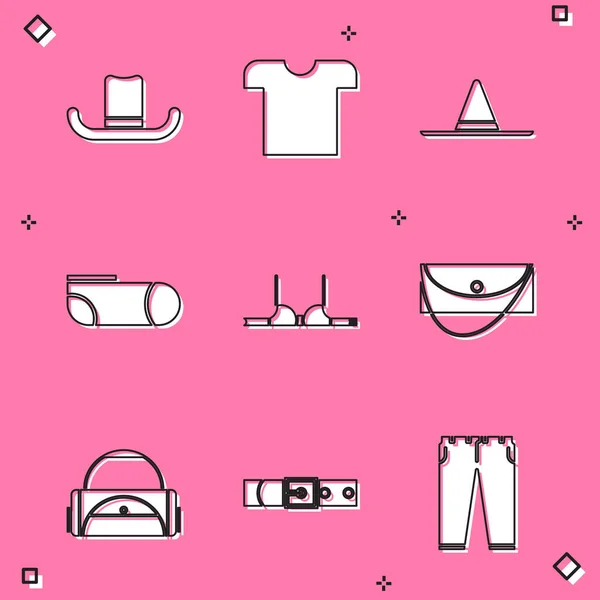 Set Chapeau homme, T-shirt, jardinier, chaussettes de sport, soutien-gorge, sac d'embrayage et icône de ceinture en cuir. Vecteur — Image vectorielle