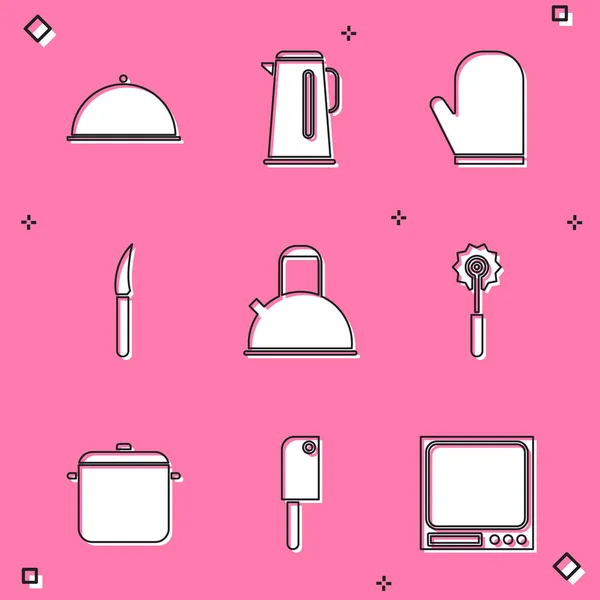 Set Covered with tray, Kettle handle, Oven glove, Knife, Pizza knife, Cooking pot and Meat chopper icon. Vector — Stock Vector