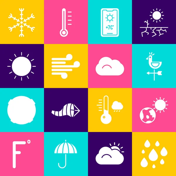 Set Wassertropfen, Erdkugel und Sonne, Hahn Wetterfahne, Wettervorhersage, Wind, Sonne, Schneeflocke und Wolkensymbol. Vektor — Stockvektor