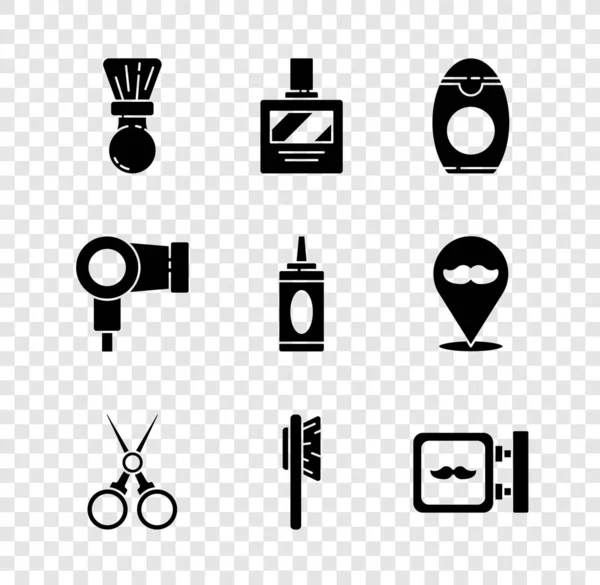 Set Sikat cukur, Aftershave, Botol sampo, gunting penata rambut, rambut, Barbershop, pengering dan ikon. Vektor - Stok Vektor