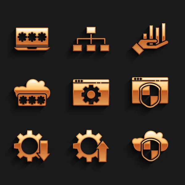 Réglez le réglage du navigateur, la vitesse de croissance des flèches, le nuage et le bouclier, avec, réduction des coûts, protection par mot de passe, infographie graphique à secteurs et icône de mot de passe pour ordinateur portable. Vecteur — Image vectorielle