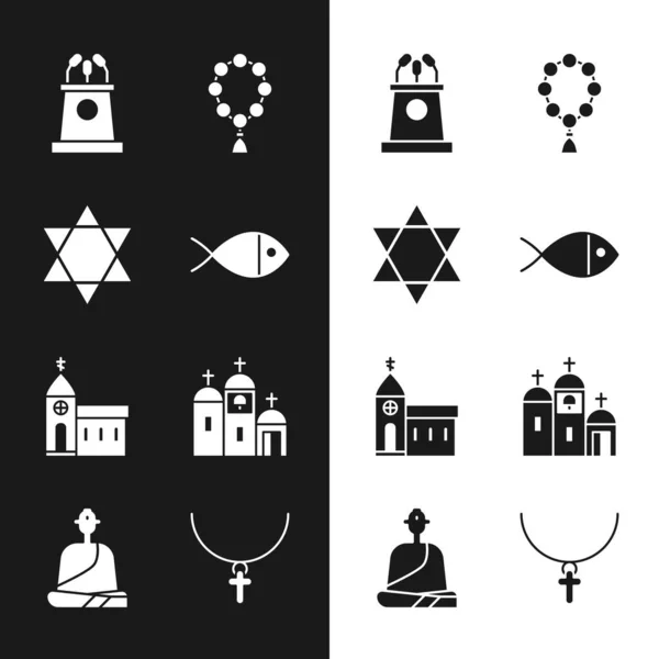 Conjunto de peces cristianos, Estrella de David, escenario o tribuna, rosario de las cuentas de la religión, la construcción de la iglesia, la cadena de la cruz y el icono monje budista. Vector — Vector de stock