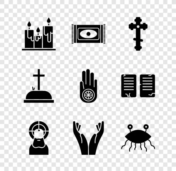 Set Burning candles, Traditional carpet, Christian cross, Jesus, Hands praying position, Pastafarianism, Tombstone with and Jainism or Jain Dharma icon. Vector — Stock Vector