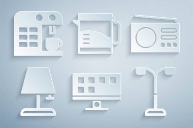 Akıllı TV, Radyo, Masa lambası, sokak lambası, elektrikli su ısıtıcısı ve kahve makinesi ikonu. Vektör