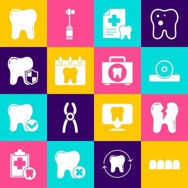 Takma diş modeli, kırık diş, Otolaryngological baş yansıtıcı, diş kartı, takvim, koruma, diş ve ilk yardım çantası ikonu. Vektör