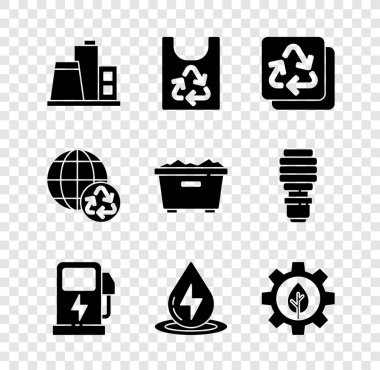 Fabrika, geri dönüşümlü plastik torba, geri dönüşüm, elektrikli araba şarj istasyonu, su enerjisi, yapraklı bitki teçhizatı, dünya gezegeni, geri dönüşüm ve çöp kutusu ikonu. Vektör