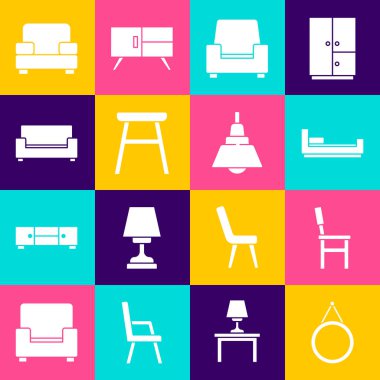 Ayna, Sandalye, Yatak, Kol Koltuğu, Koltuk ve Avize simgesini ayarla. Vektör