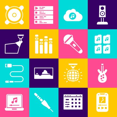 Set Müzik çalar, Elektro bas gitar, dosya belgesi, yayın servisi, eşitleyici, film spotu, Stereo hoparlör ve Mikrofon simgesi. Vektör